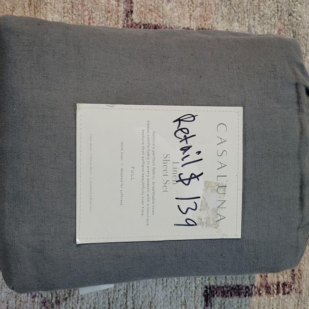Casaluna 100% Washed Linen Solid Sheet Set -New- Full Size